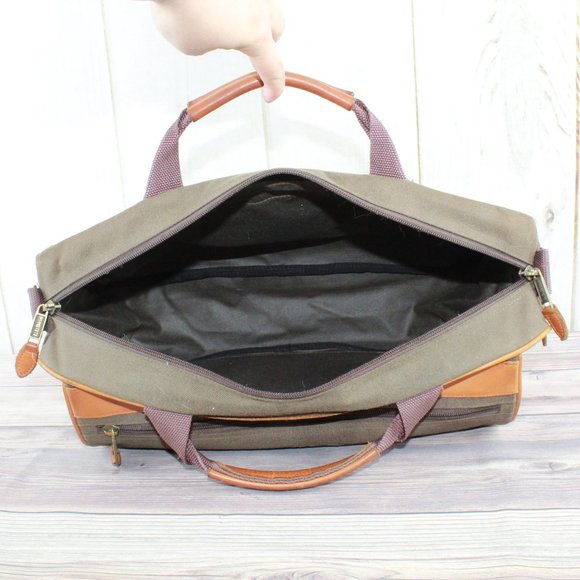 LL Bean Green Leather Brown Trim Embroidered "JGP" Messenger Bag Work - Picture 7 of 11